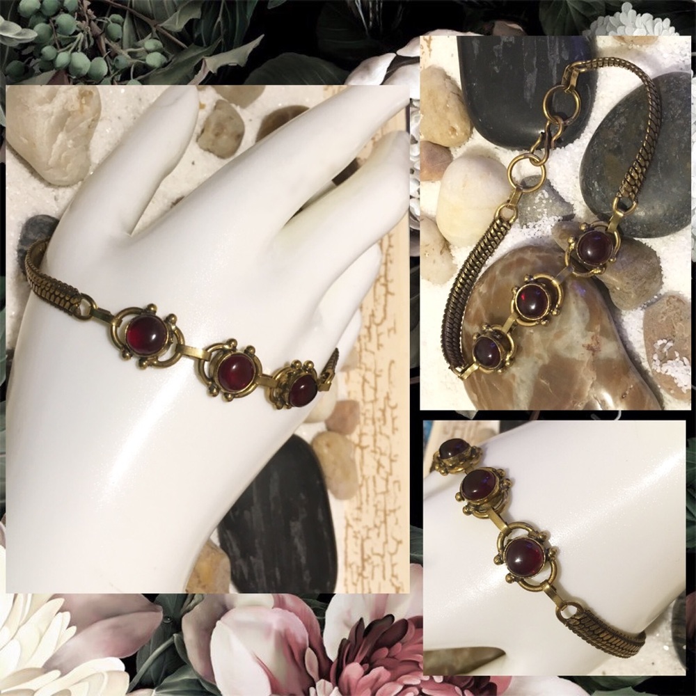 Genuine Garnet Gemstone Vintage Brass Snake Chain Bracelet